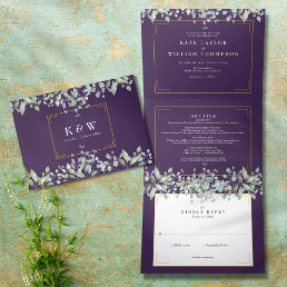 Lilac Foliage Purple Monogram Photo Wedding Tri-Fold Invitation