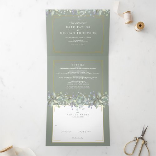 Lilac Foliage Sage Green Monogram Photo Wedding Tri_Fold Invitation
