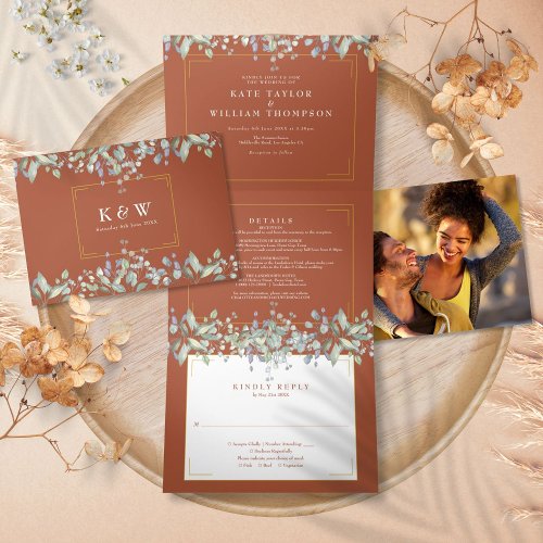 Lilac Foliage Terracotta Monogram Photo Wedding Tri_Fold Invitation
