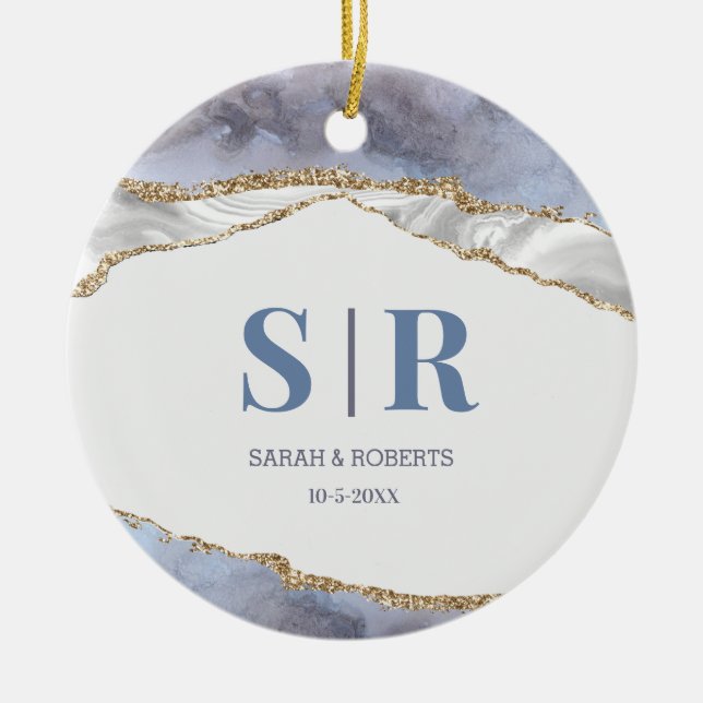 Lilac Geode Agate Couples Monogrammed Christmas Ceramic Ornament (Front)