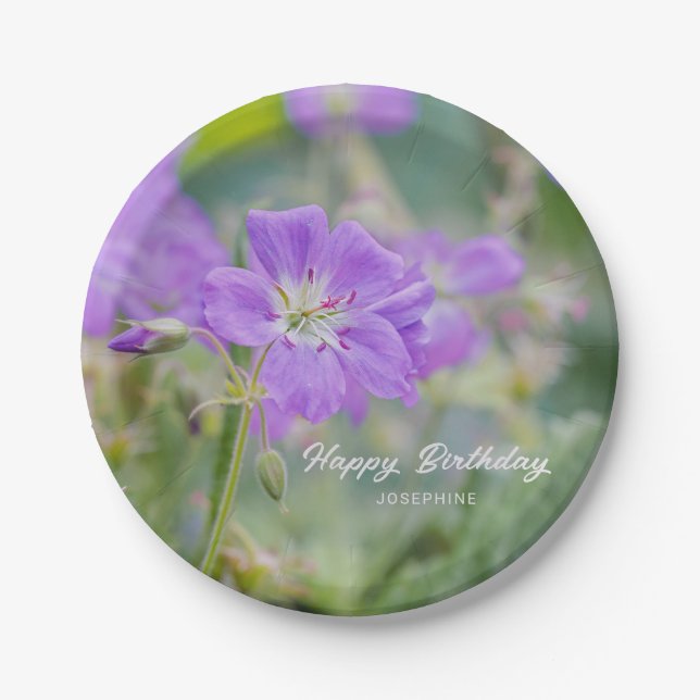 Lilac Geranium Wildflower Photo Happy Birthday Paper Plates (Front)