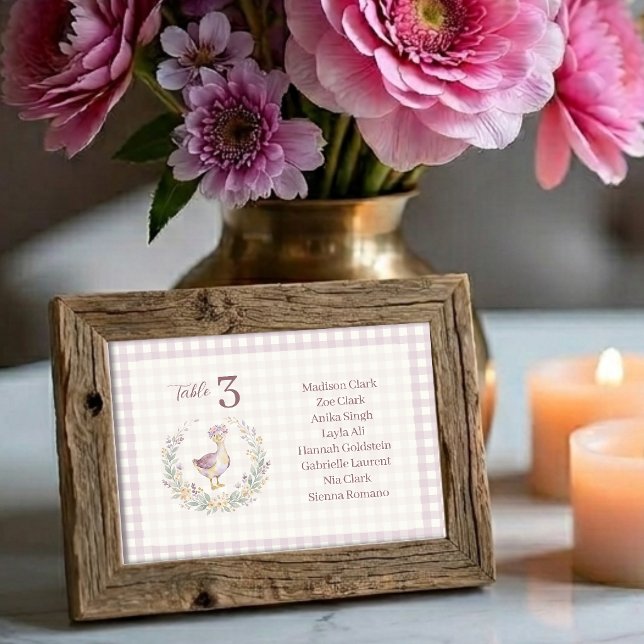 Lilac Gingham Baby Goose Table Seating Card LPM26 (Cottagecore Lilac Gingham Table Seating Card Featuring a Watercolor Effect Baby Goose with Flower.)