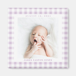 Lilac Gingham Check Baby Birthdate Magnet