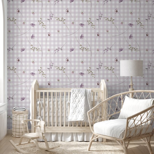 Lilac gingham floral wallpaper  (Kids)