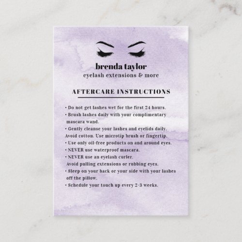 Lilac Glam Eyelash Browbar Aftercare Instructions Business Card