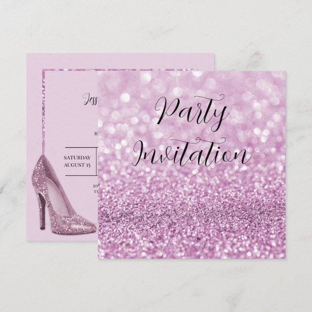 Lilac Glitter Bokeh & Stilettos Birthday Invitation (Front/Back)
