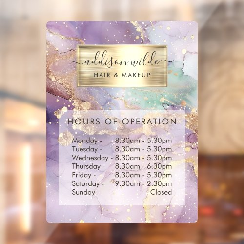 Lilac Glitter Watercolor Faux Gold Business Hours Window Cling