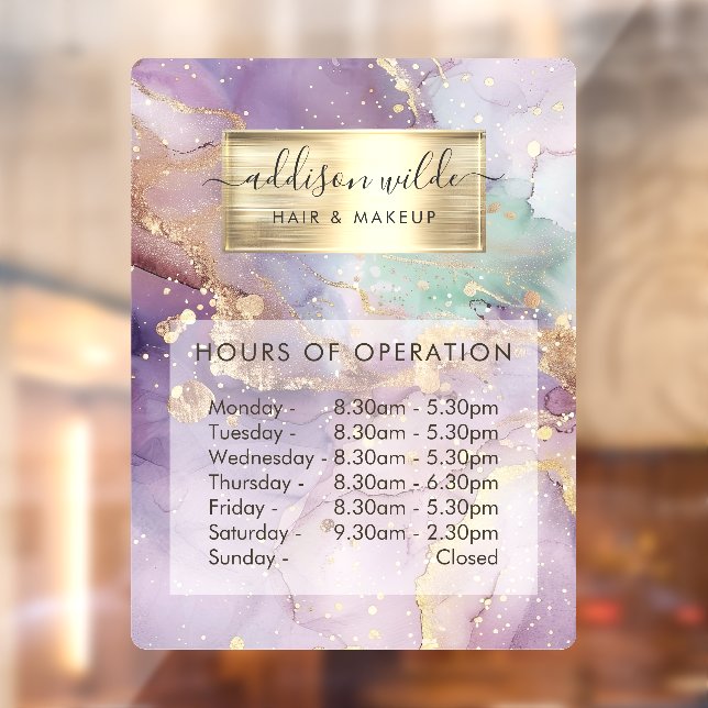 Lilac Glitter Watercolor Faux Gold Business Hours Window Cling (Sheet 2)