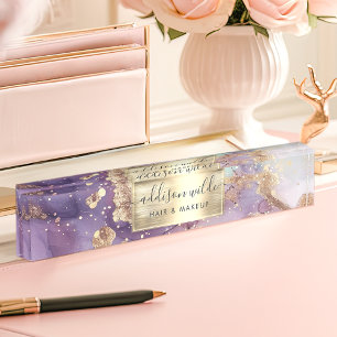 Lilac Glitter Watercolor Faux Gold Foil Desk Name Plate