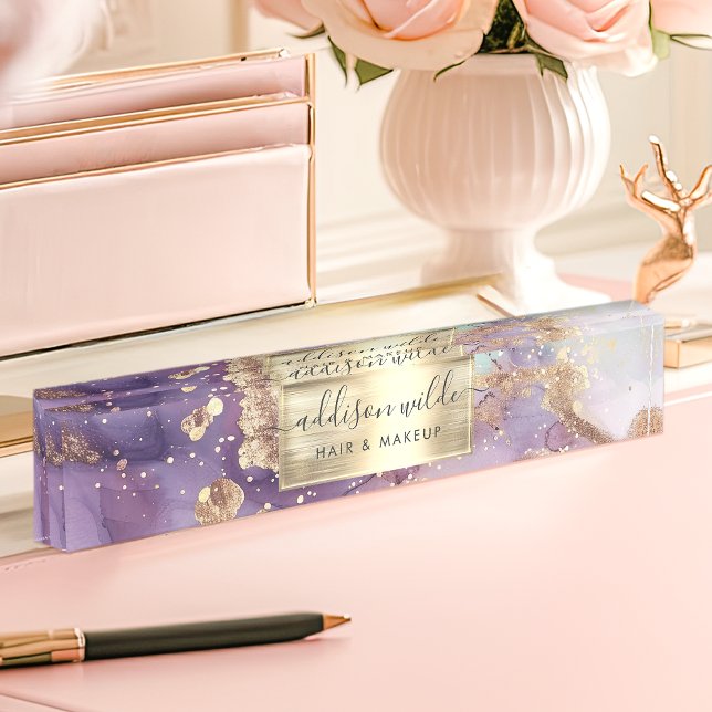 Lilac Glitter Watercolor Faux Gold Foil Desk Name Plate (Creator Uploaded)