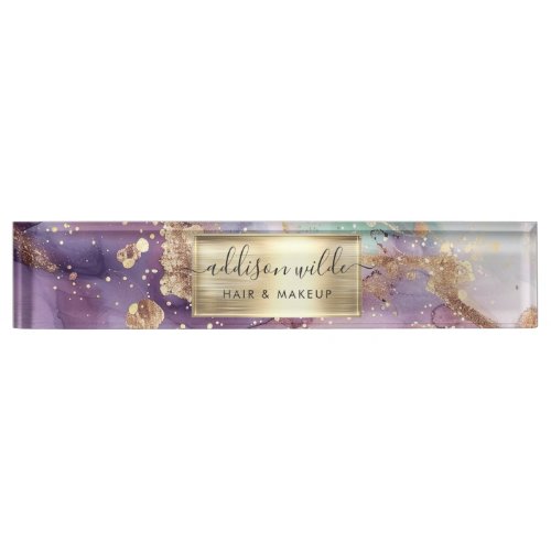 Lilac Glitter Watercolor Faux Gold Foil Desk Name Plate