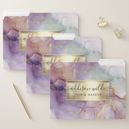 Lilac Glitter Watercolor Faux Gold Foil File Folder