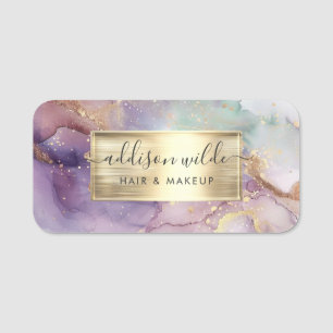 Lilac Glitter Watercolor Faux Gold Foil Name Tag
