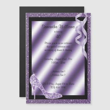 Lilac Glittery Stiletto & Streamers 40th Birthday Magnetic Invitation by shm_graphics at Zazzle
