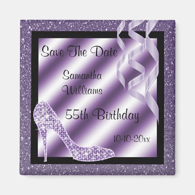 Lilac Glittery Stiletto & Streamers 55th Birthday Magnet (Front)