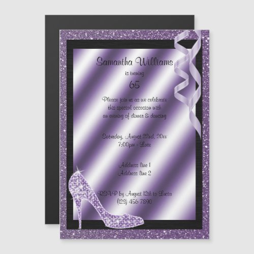 Lilac Glittery Stiletto  Streamers 65th Birthday Magnetic Invitation