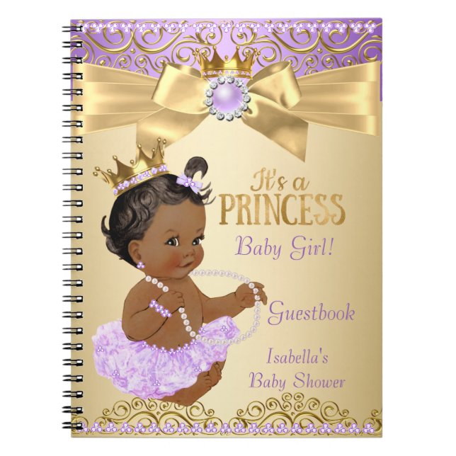 Lilac Gold Ballerina Princess Baby Shower Ethnic Notebook (Front)