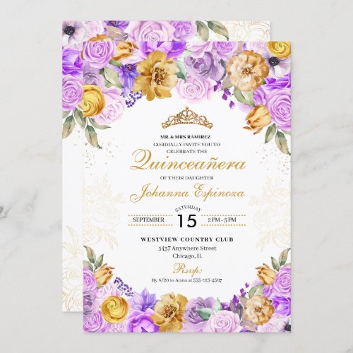 Lilac  Gold Floral Glitter Tiara Quinceanera Invitation