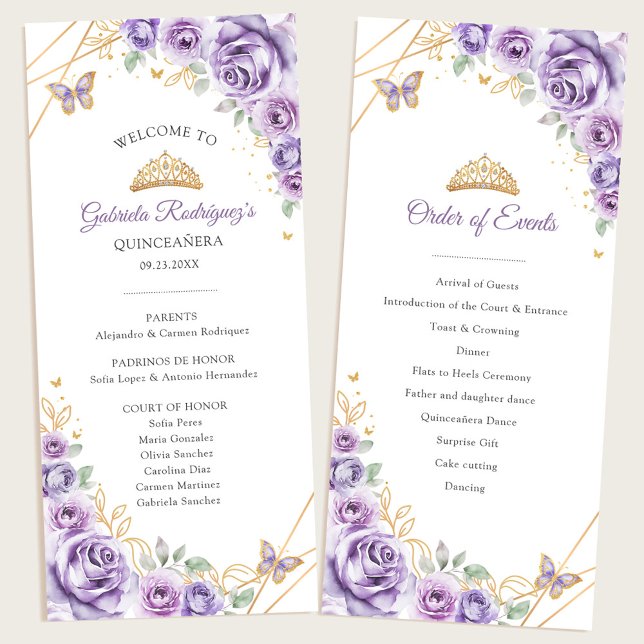 Lilac Gold Floral Quinceanera Order of Events Program (Creator Uploaded)