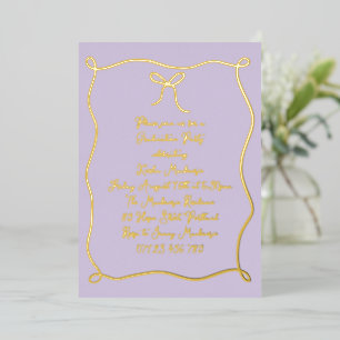 Lilac & Gold Hand Drawn Bow Photo Graduation Party Foil Invitation