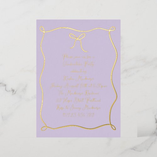 Lilac  Gold Hand Drawn Bow Photo Graduation Party Foil Invitation