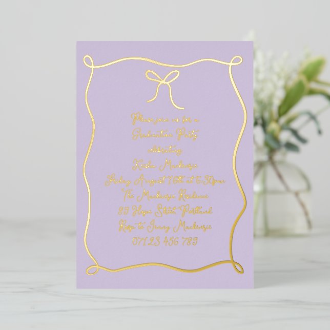 Lilac & Gold Hand Drawn Bow Photo Graduation Party Foil Invitation (Standing Front)