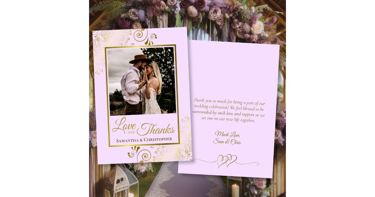 Lilac & Gold Love Thanks Photo & Note Wedding Thank You Card | Zazzle