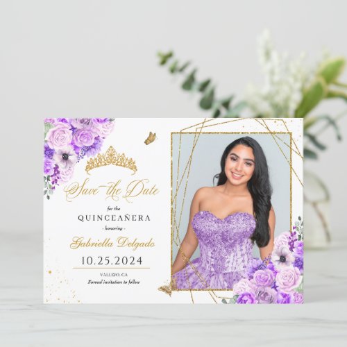 Lilac  Gold Photo Card Quinceaera Save The Date