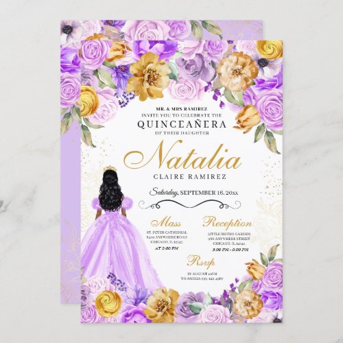 Lilac Gold Princess Glitter Tiara Quinceanera Invitation