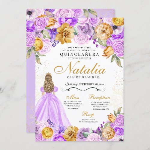 Lilac Gold Princess Glitter Tiara Quinceanera Invitation