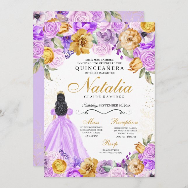 Lilac Gold Princess Glitter Tiara Quinceanera Invitation (Front/Back)