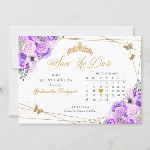 Lilac  Gold Quinceaera Save The Date Invitation