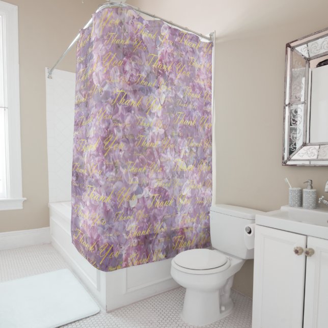 lilac, gold, silver, thank + you, flowers, floral, shower curtain (In Situ)