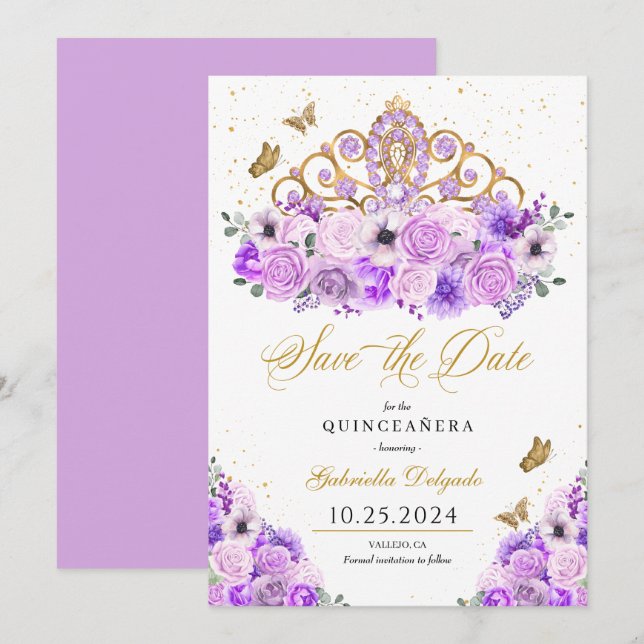 Lilac & Gold Tiara Save The Date Quinceañera Invitation (Front/Back)
