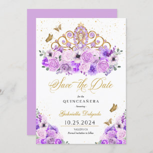 Lilac & Gold Tiara Save The Date Quinceañera Invitation
