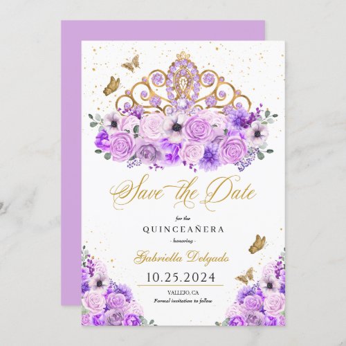 Lilac  Gold Tiara Save The Date Quinceaera Invitation