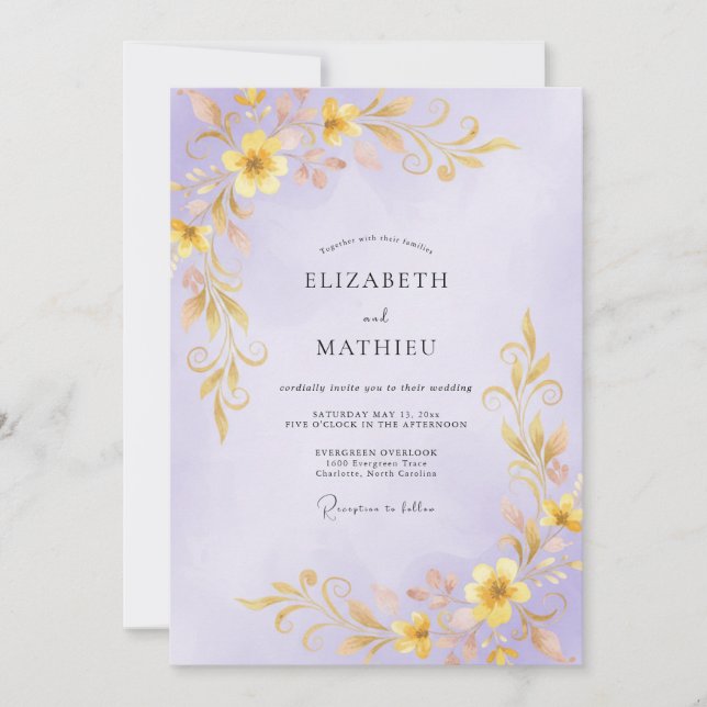 Lilac Gold Vine Wedding Invitation (Front)