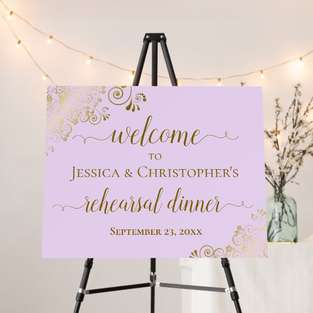 Lilac & Gold Wedding Rehearsal Dinner Welcome Foam Board (In Situ (Stand))