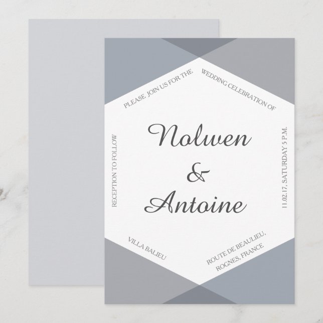 Lilac gray blue hexagon elegant modern wedding invitation (Front/Back)