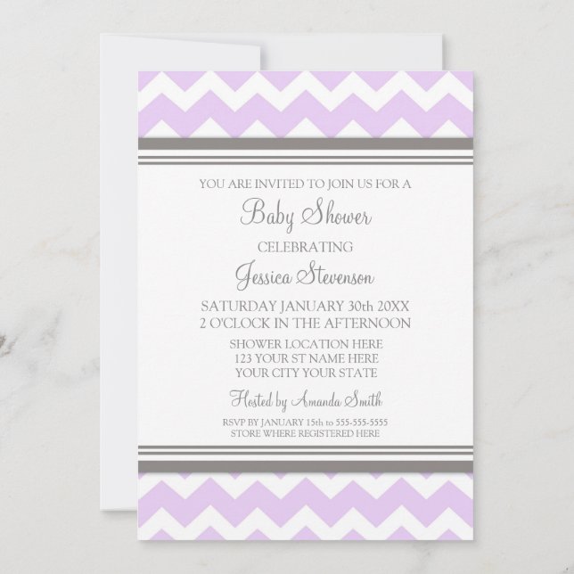 Lilac Gray Chevron Custom Baby Shower Invitations (Back)