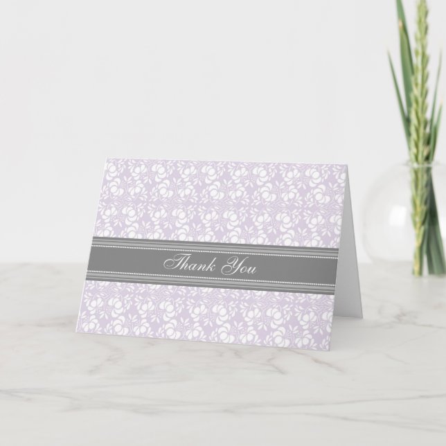 Lilac Gray Damask Baby Shower Thank You Card (Front)