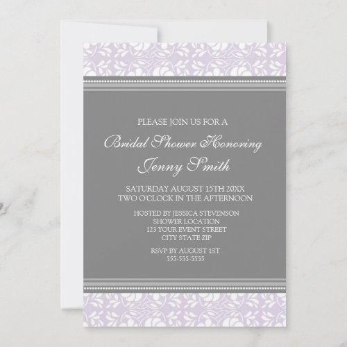 Lilac Gray Damask Bridal Shower Invitation Cards