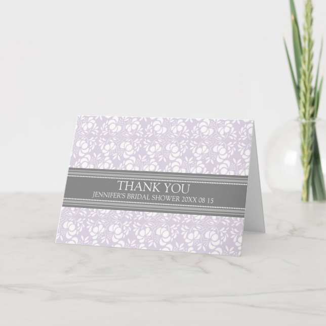 Lilac Gray Damask Bridal Shower Thank You Card (Front)