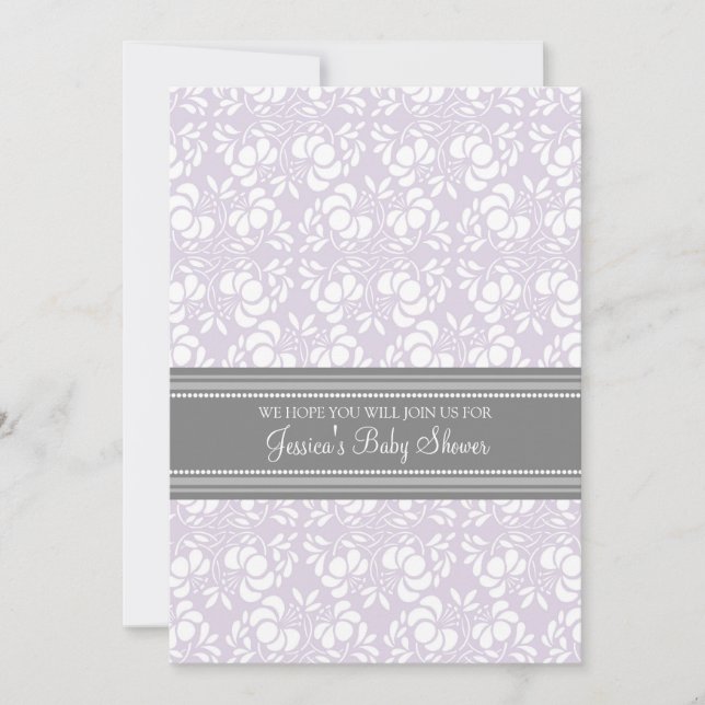 Lilac Gray Damask Custom Baby Shower Invitations (Front)