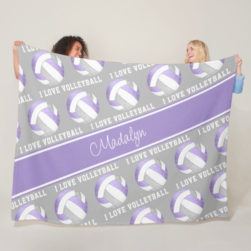 lilac gray I love volleyball girls sports decor Fleece Blanket