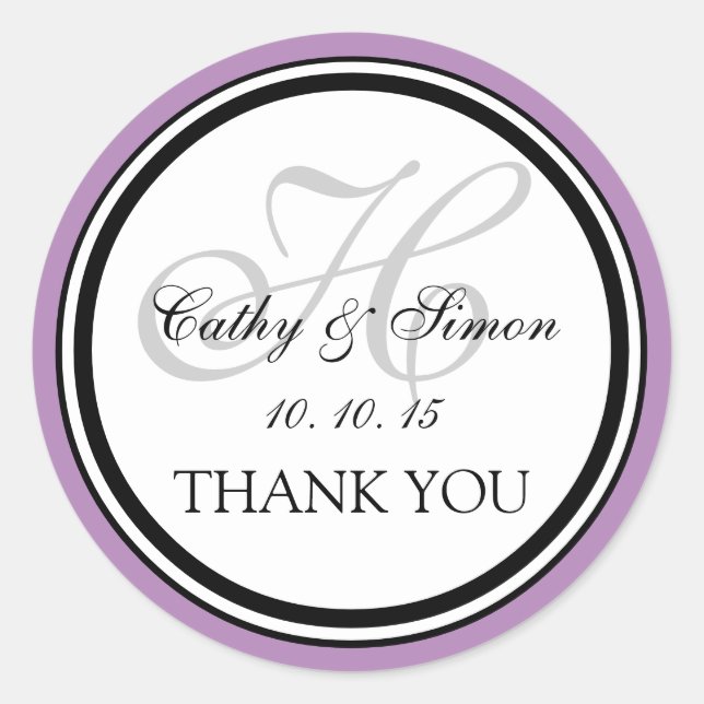 Lilac Gray Monogram H Wedding Thank You Sticker (Front)