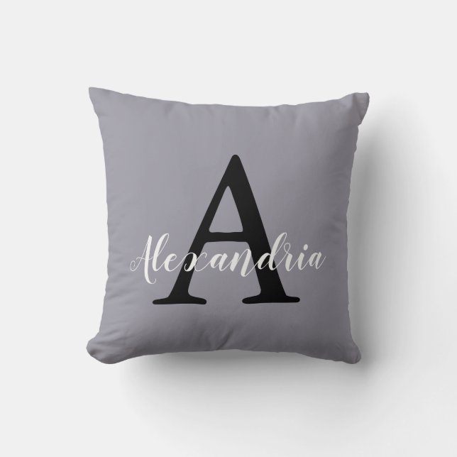 Lilac Gray Neutral Subtle Solid Color Monogram Throw Pillow (Front)