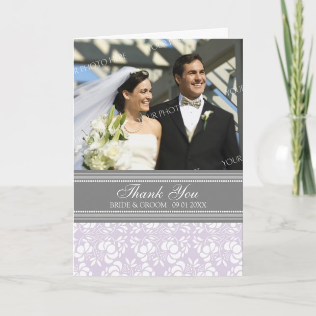 Lilac Gray Photo Wedding Thank You Card (Front)