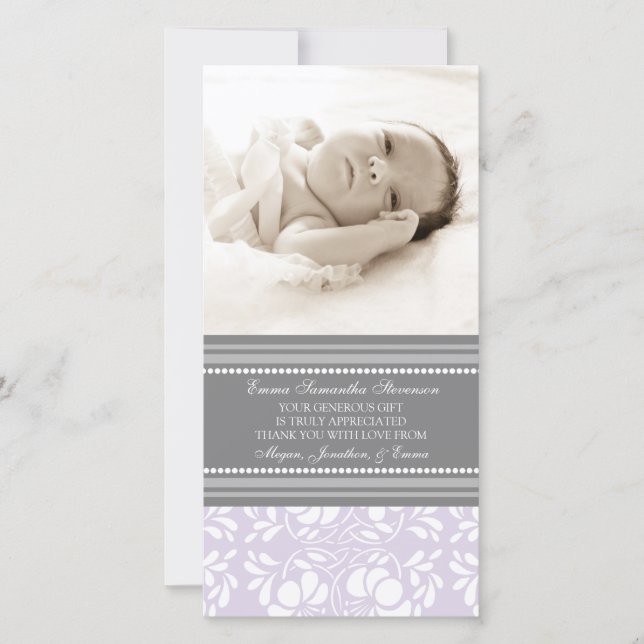 Lilac Gray Thank You Baby Shower Photo Cards (Front)
