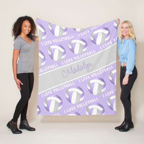 lilac gray white I love volleyball text pattern Fleece Blanket